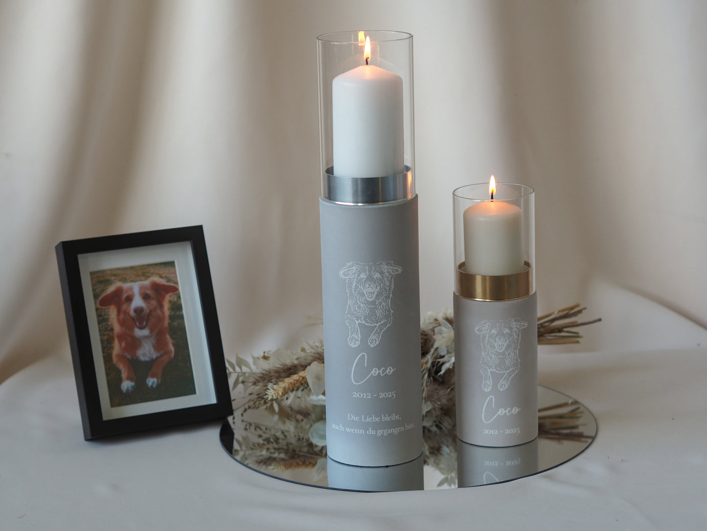 Pet urn as a designer lantern – personalized urn with engraved photo for pets | stylish memorial candle | handmade &amp; high-quality | name &amp; date