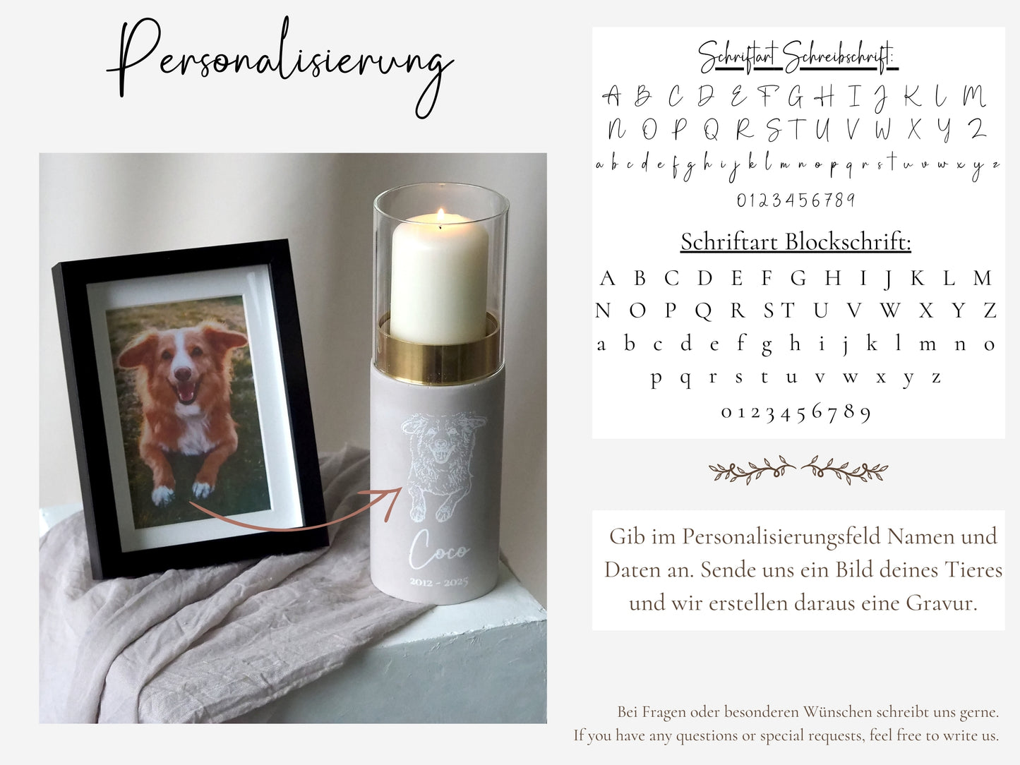Pet urn as a designer lantern – personalized urn with engraved photo for pets | stylish memorial candle | handmade &amp; high-quality | name &amp; date
