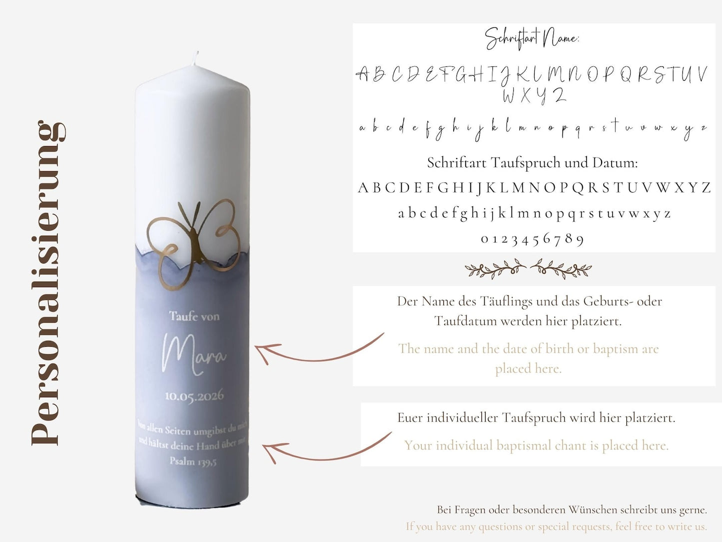 Taufkerze in verschiedenen Farben mit Name, Datum und Taufspruch personalisiert