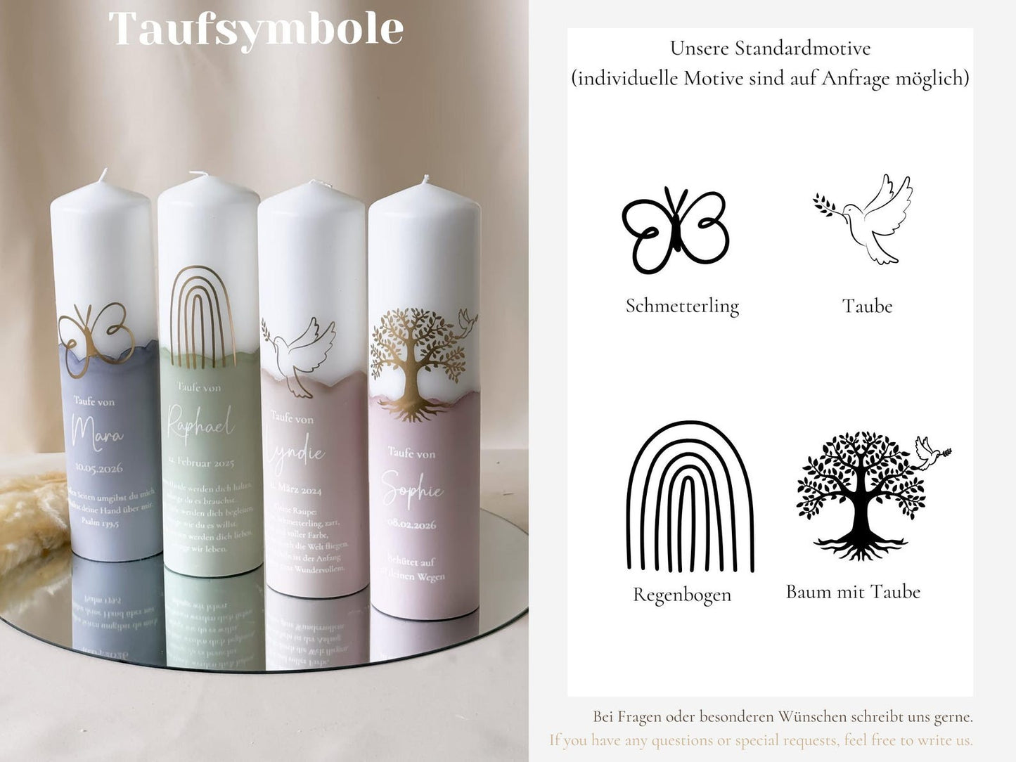 Taufkerze in verschiedenen Farben mit Name, Datum und Taufspruch personalisiert