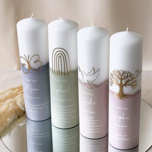 Taufkerze in verschiedenen Farben mit Name, Datum und Taufspruch personalisiert