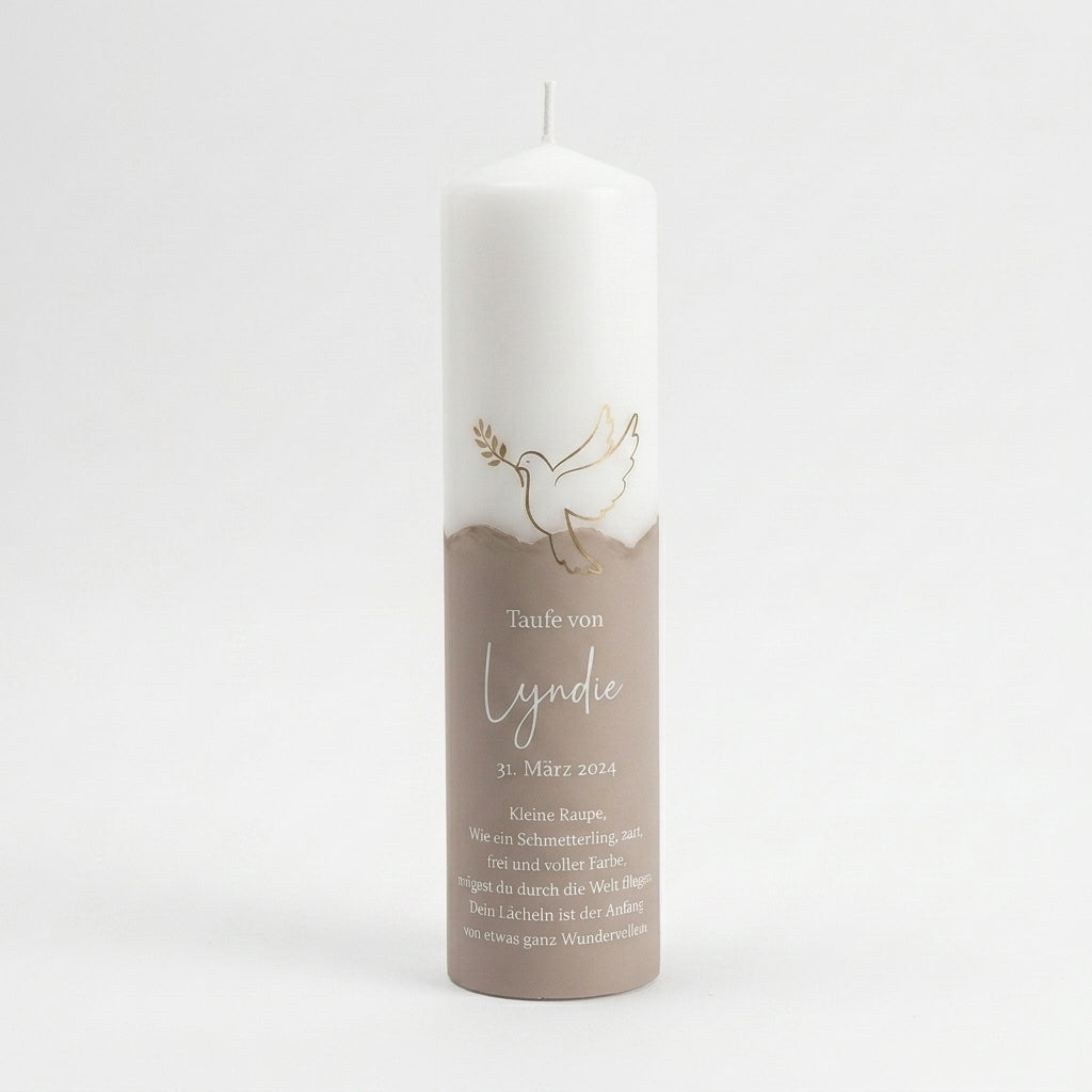Personalized baptism candle in various colors with name, date and baptismal saying