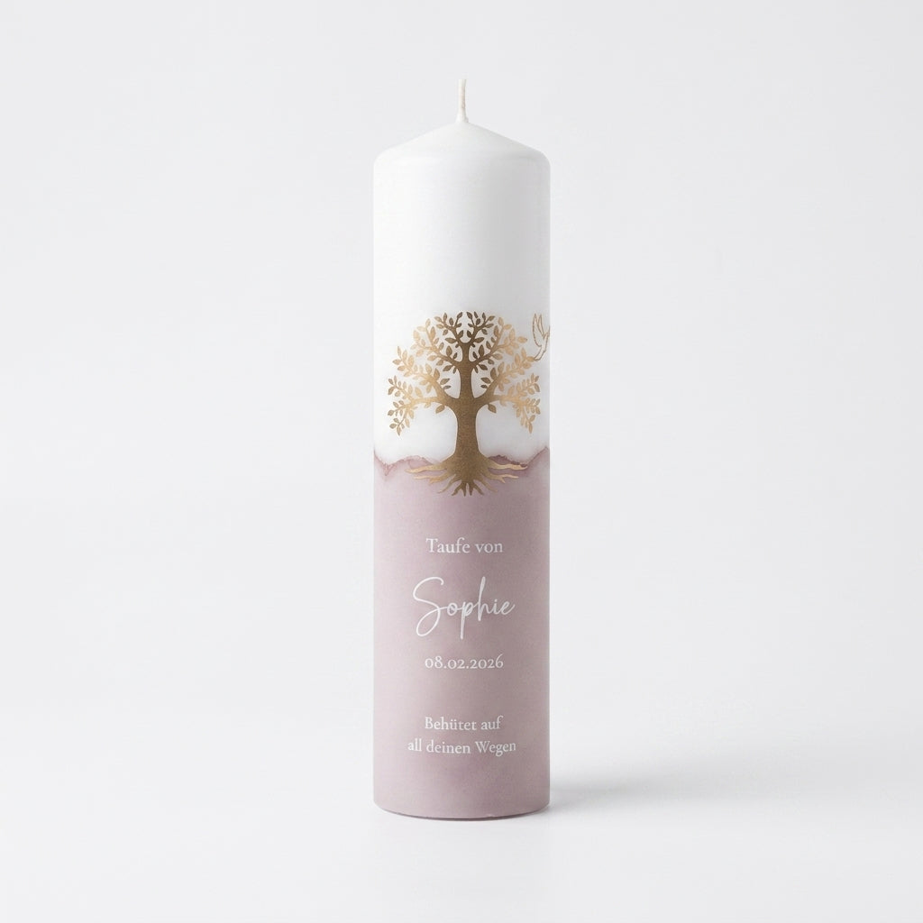 Personalized baptism candle in various colors with name, date and baptismal saying